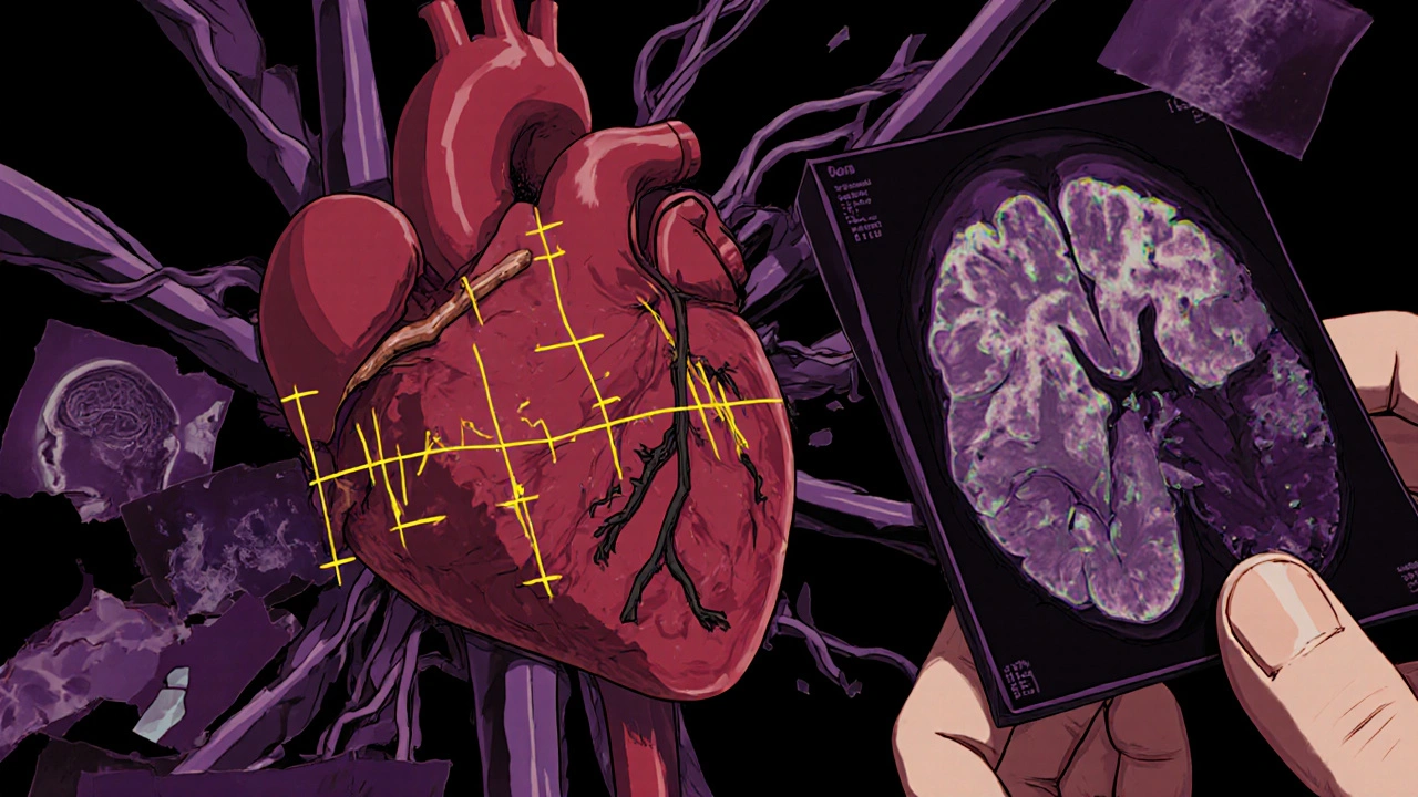 A heart unraveling into wires, a QT graph forming a noose, with brain scans showing nerve damage in the foreground.