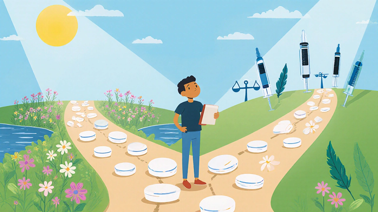 Cartoon figure at a forked road choosing between pill path and injection path.
