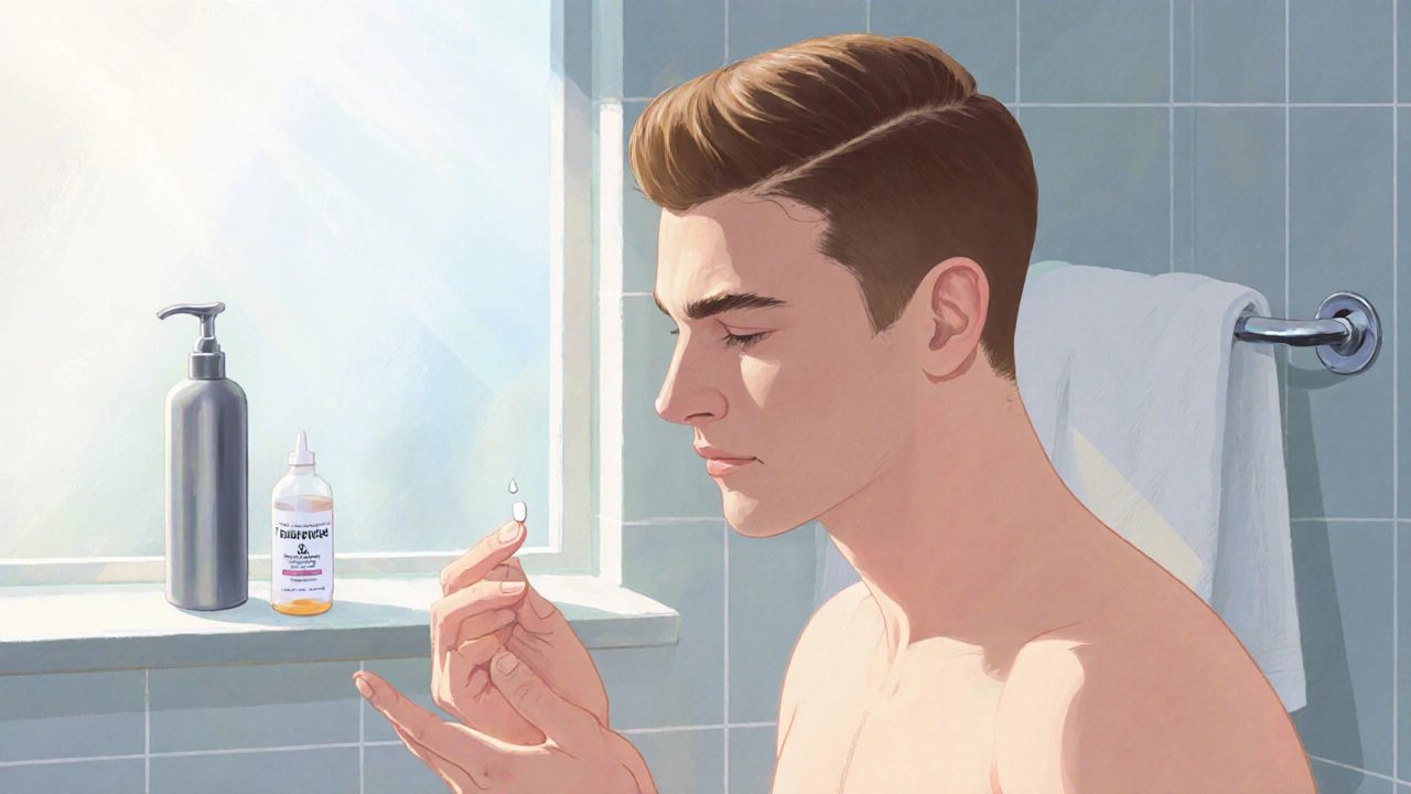 Confident man with fuller hair holding Finasteride pill and Minoxidil drop in a bright bathroom.