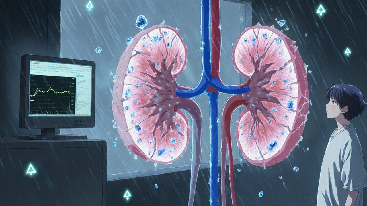 Cracked kidneys clogged with crystals, a patient staring at a monitor showing rising kidney markers.
