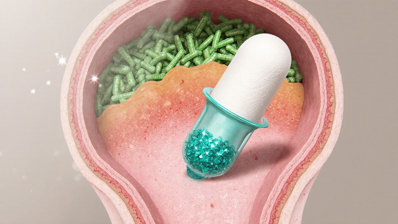 Cross‑section illustration of vagina with tampon, polymer particles, and healthy microbiome.