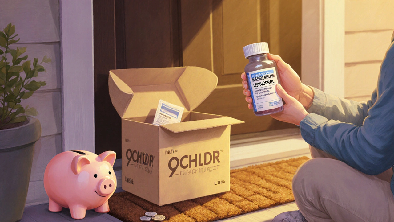 Delivery box opened to reveal lisinopril bottle beside a piggy bank, indicating safe savings.