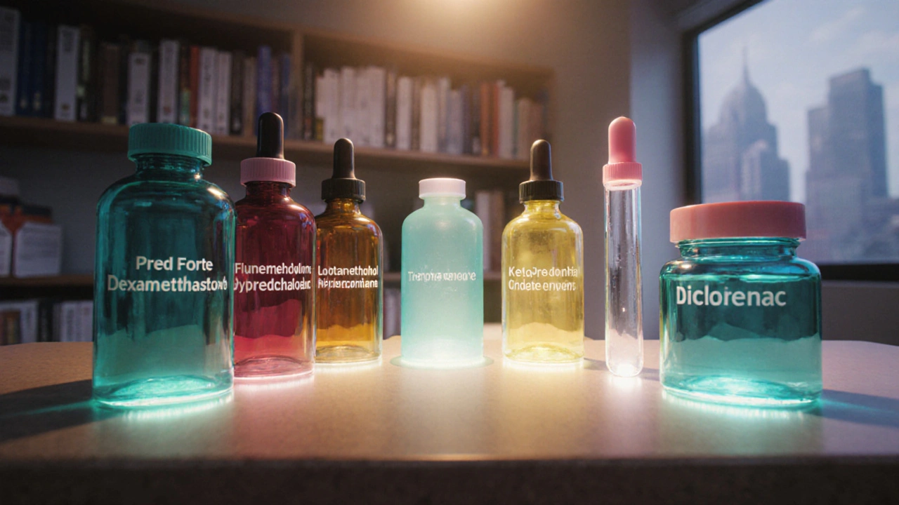 Display of seven different eye‑drop bottles with distinct colors on a countertop.
