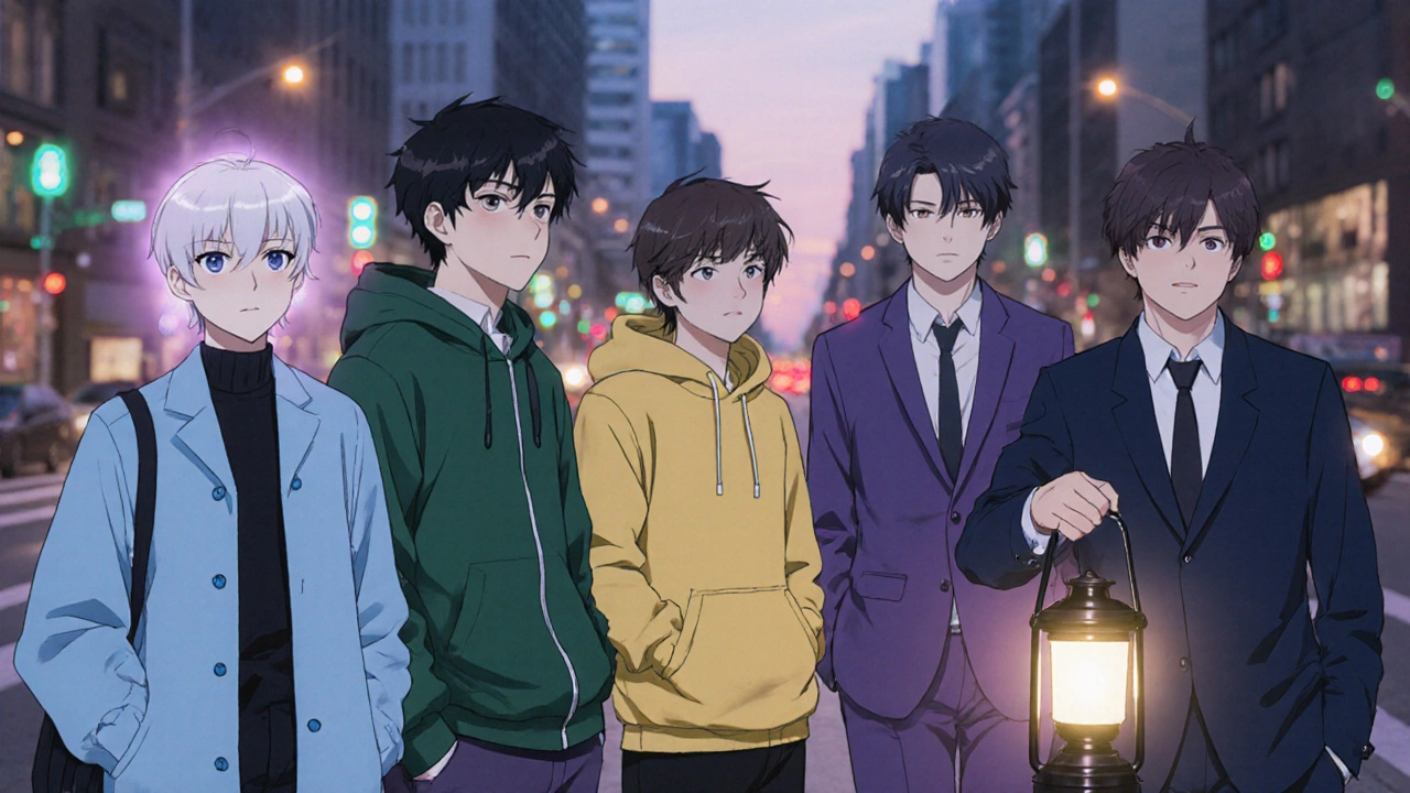 Five anime characters representing different antihistamines stand on a city sidewalk.