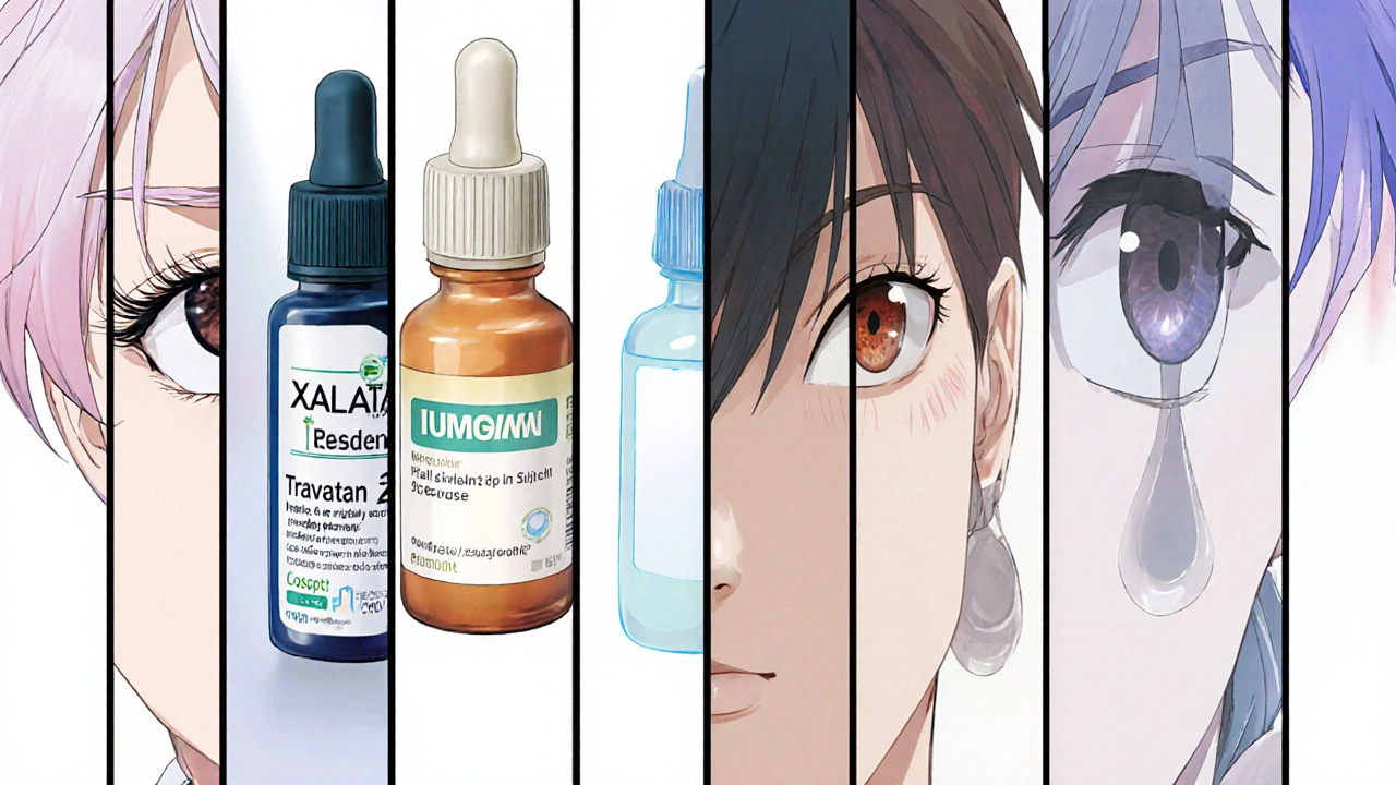 Five-panel comparison of glaucoma eye drop bottles with visual side‑effect cues.