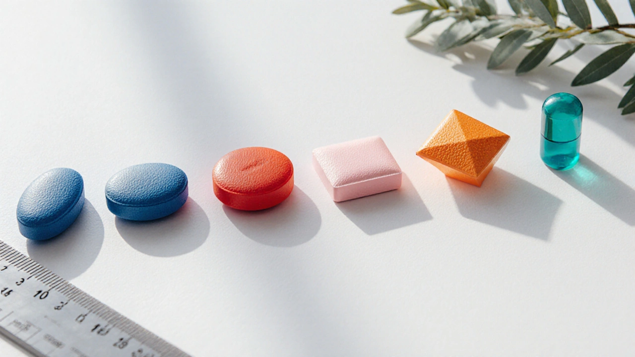 Flat‑lay of various colored ED pills arranged in a row with a ruler for scale.