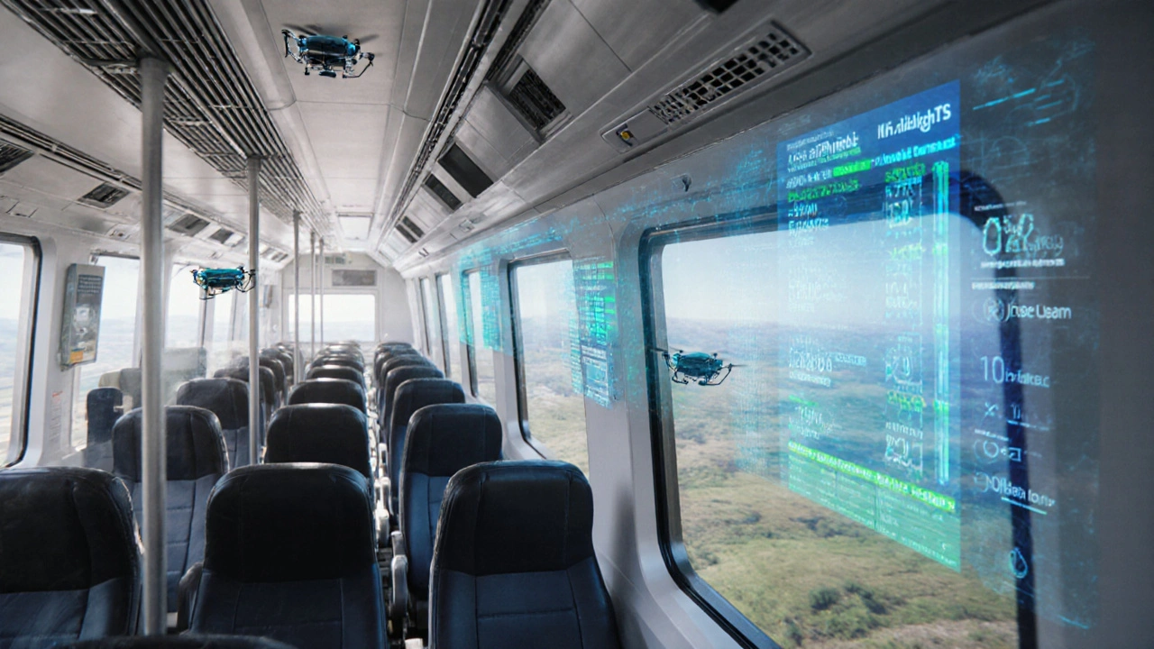 Futuristic train interior showing digital sensors monitoring water safety and maintenance drones.