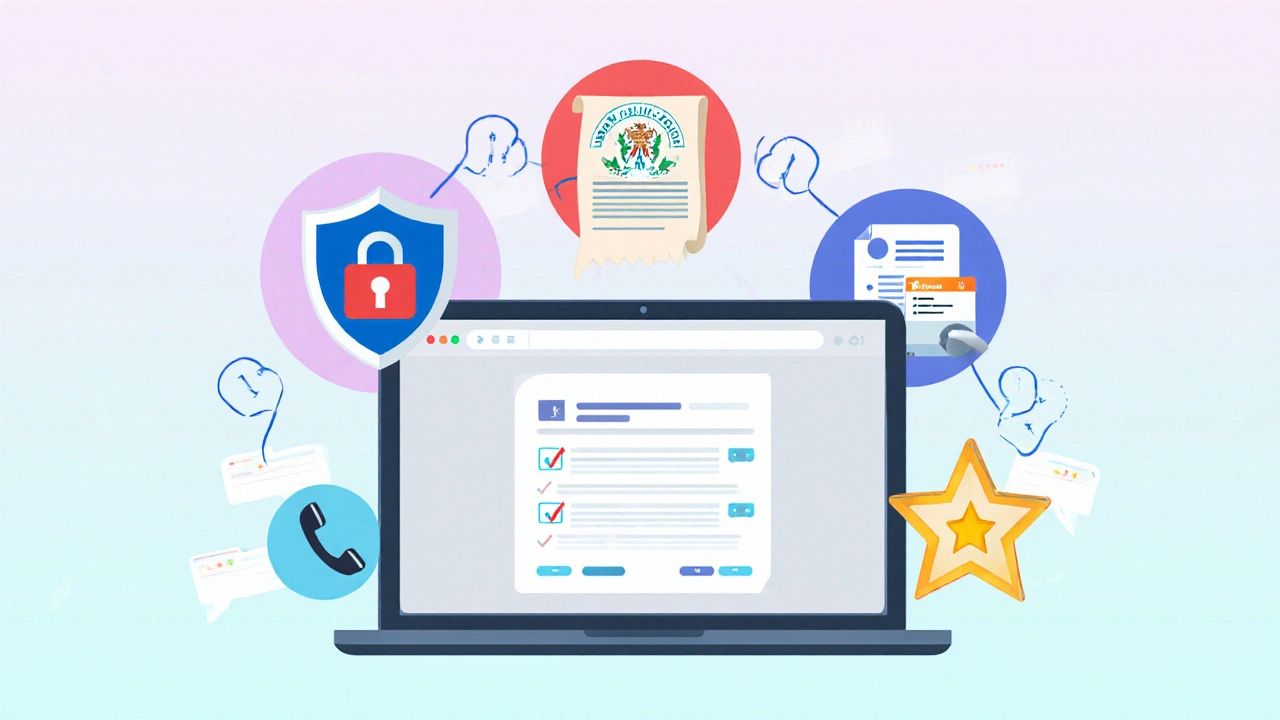 Illustrated checklist of five verification icons surrounding a laptop screen, representing safe pharmacy criteria.
