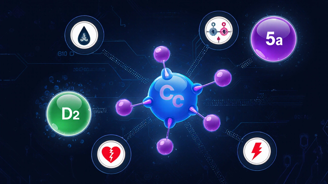 Illustrated diagram of Clozapine interacting with dopamine and serotonin receptors, surrounded by side‑effect icons.