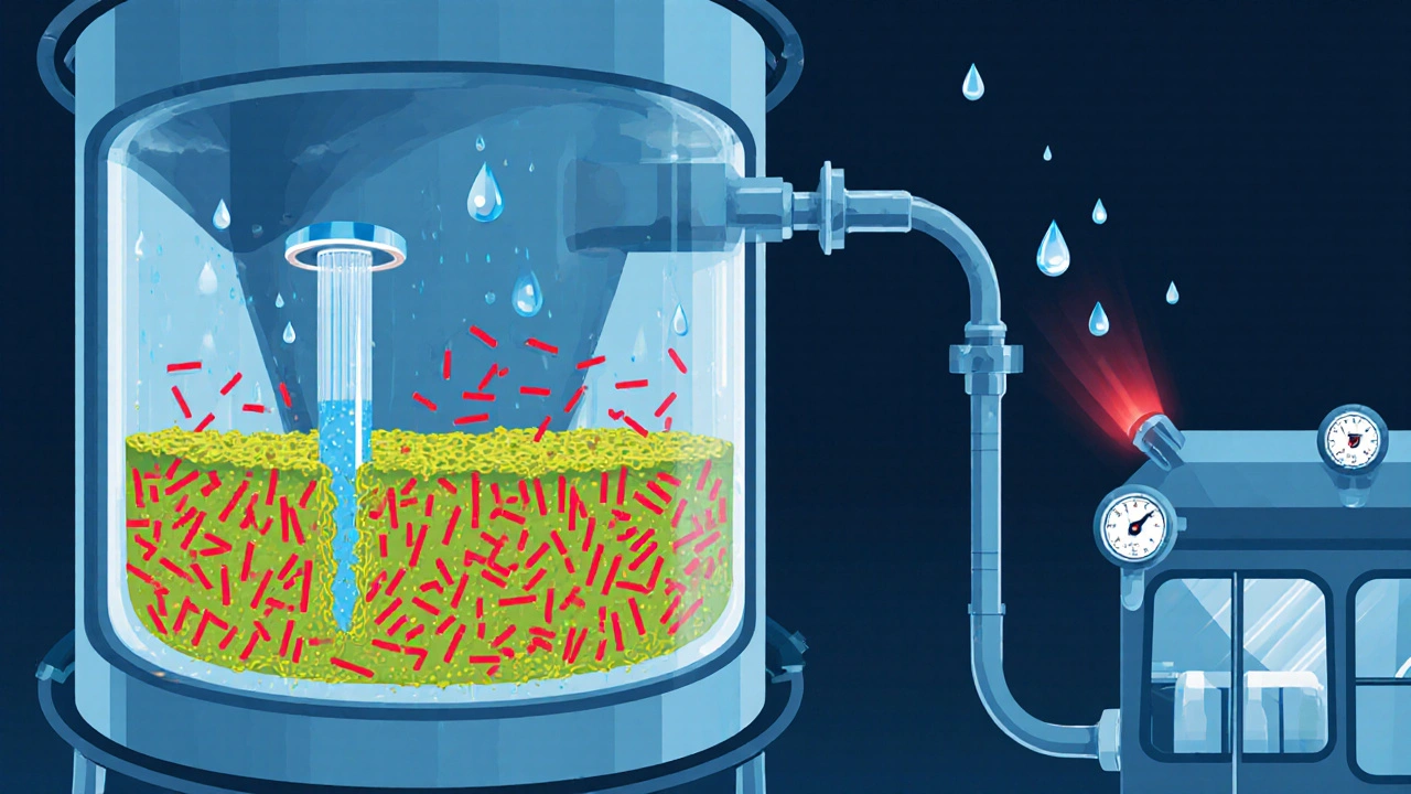 Illustration of Legionella bacteria in a cooling‑tower water system with biofilm and aerosol droplets.