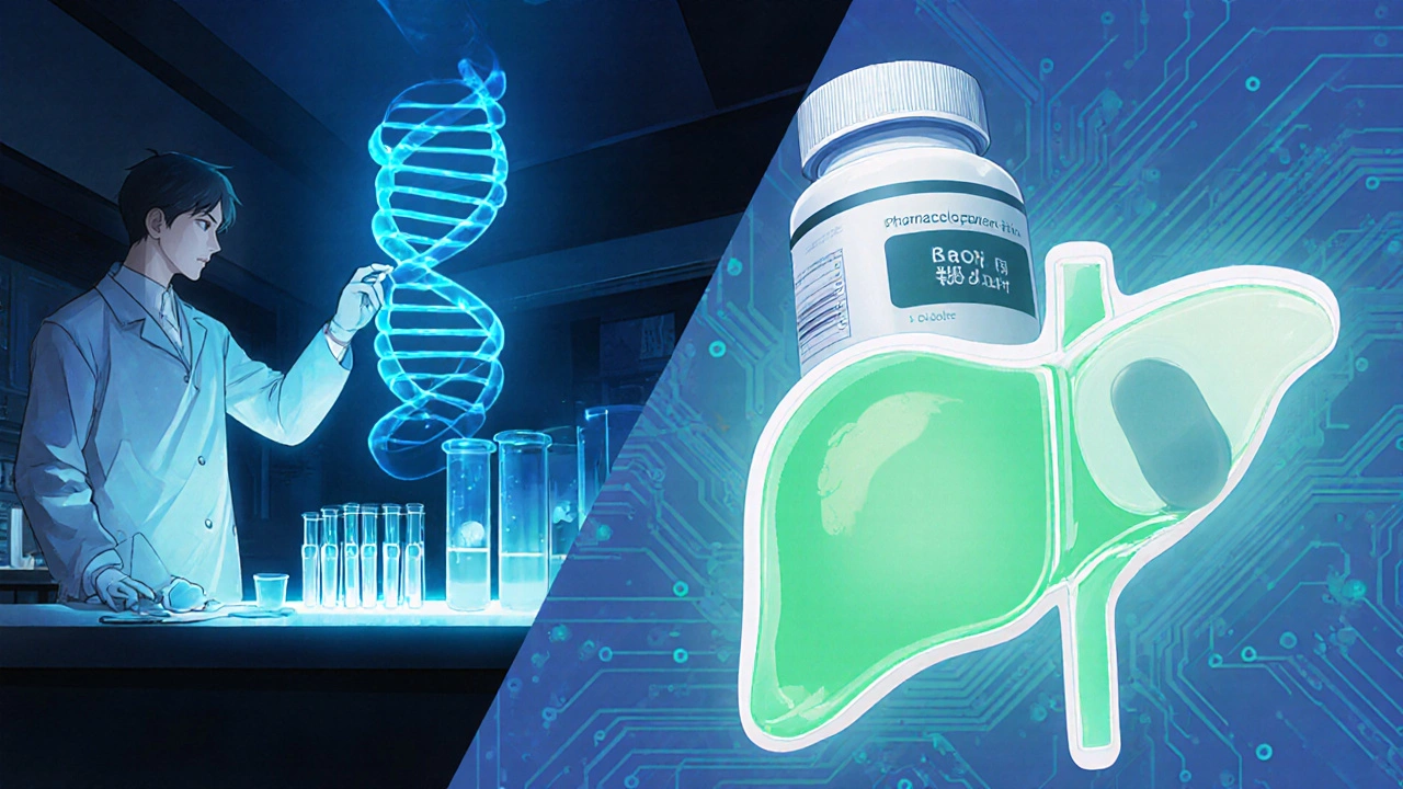 Lab scene with DNA helix and two statin pills over a glowing liver illustration.