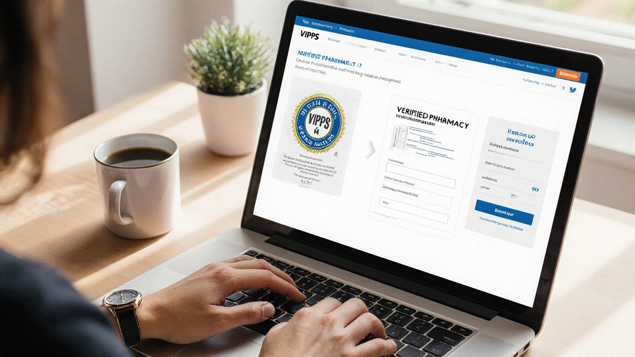 Laptop screen with verified pharmacy badge and prescription, hand entering payment info.