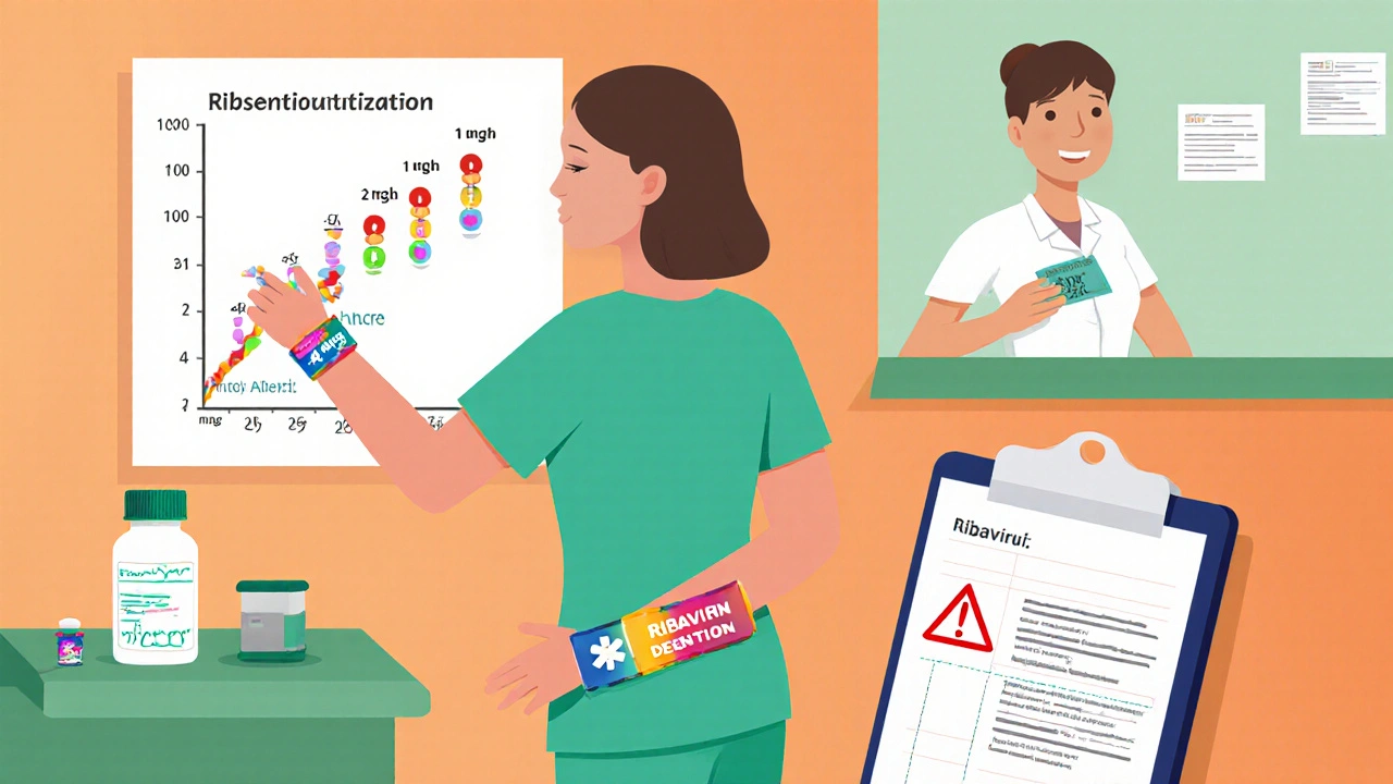 Nurse supervising ribavirin desensitization; patient wears medical alert bracelet.
