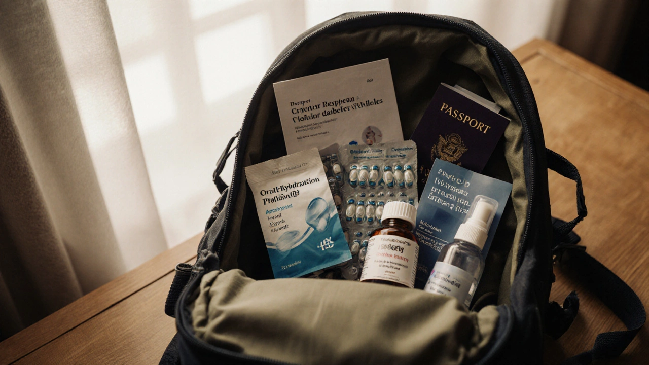 Open backpack on a table displaying ORS packets, probiotics, antibiotics, and water purification gear.
