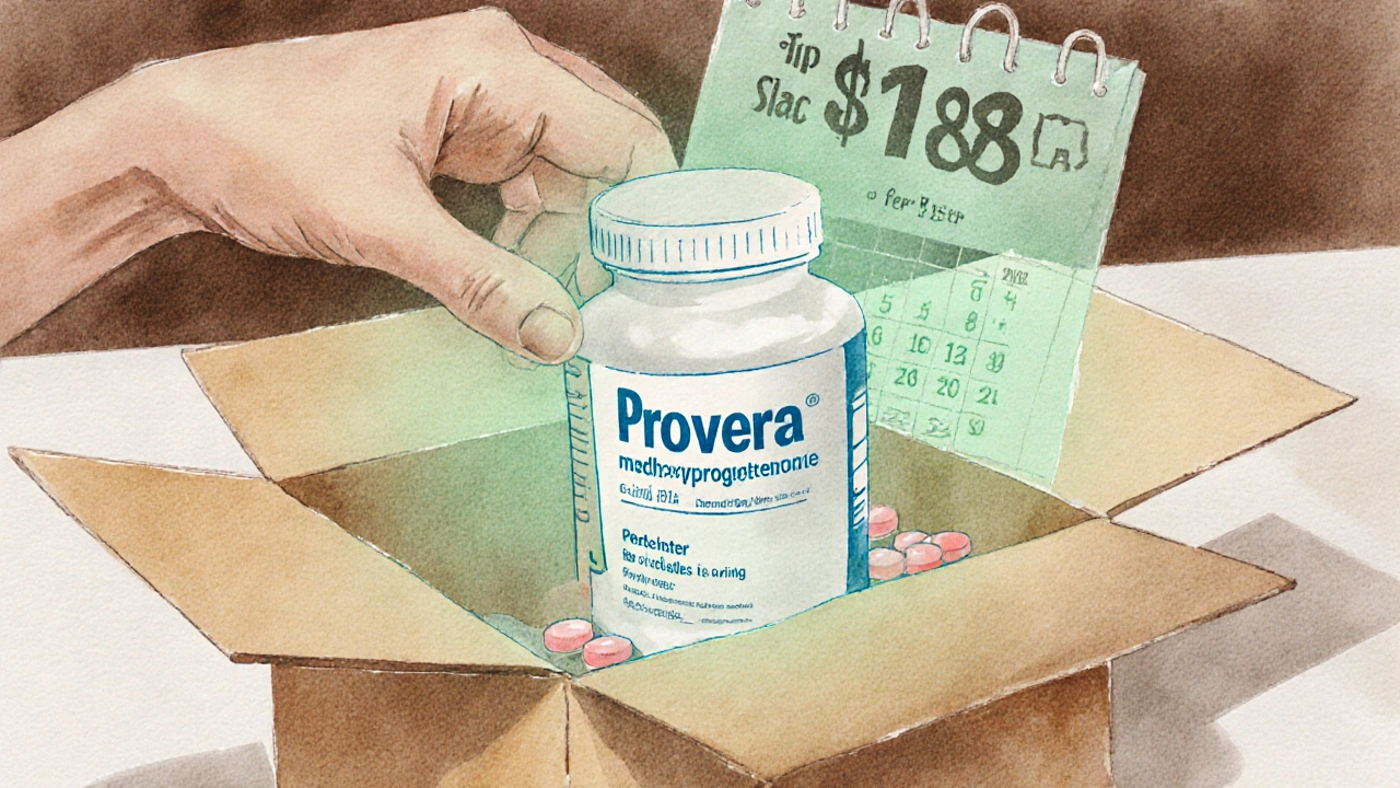 Open box revealing generic Provera bottle, hand inspecting pills, calendar showing savings.
