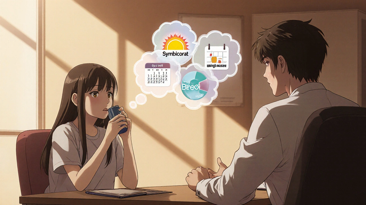 Patient and doctor discussing inhaler options with thought bubbles showing benefits.