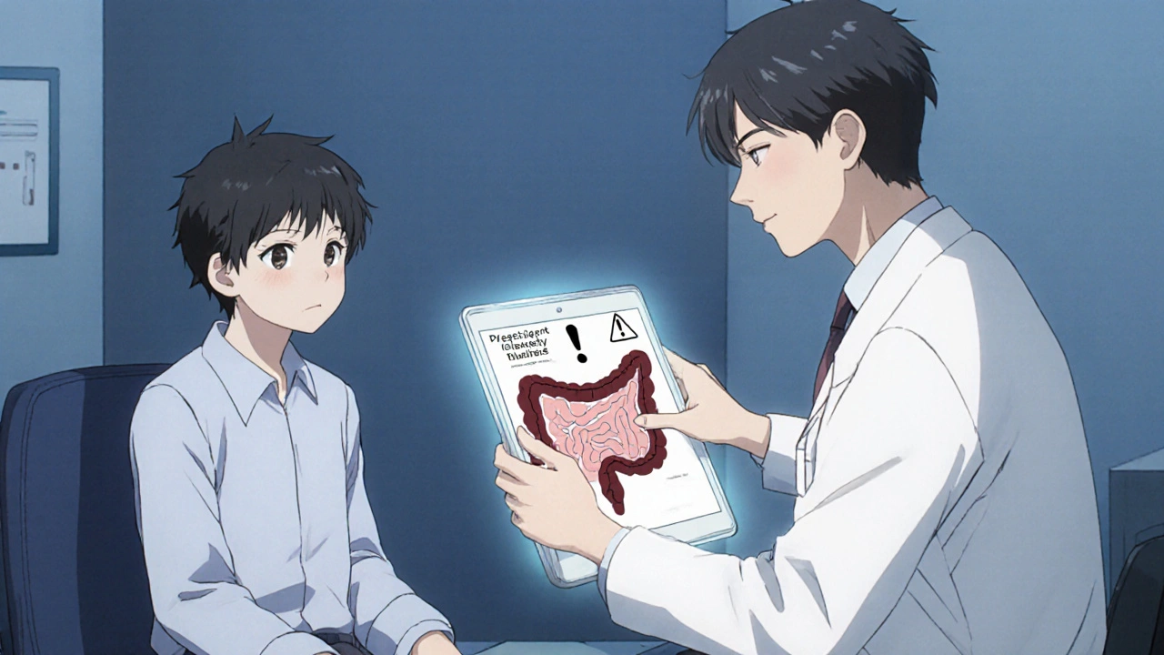 Patient consulting doctor about gut issues, with a stylized colon illustration in a clinical room.