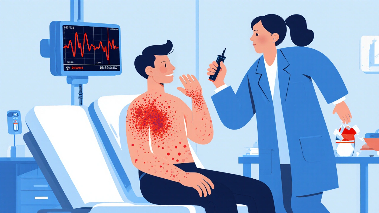 Patient with rash and swelling receiving epinephrine from doctor in cartoon clinic.
