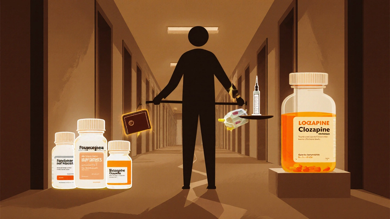 Person at a crossroads choosing among drug symbols, balancing a blood vial and a wallet, representing monitoring and cost.