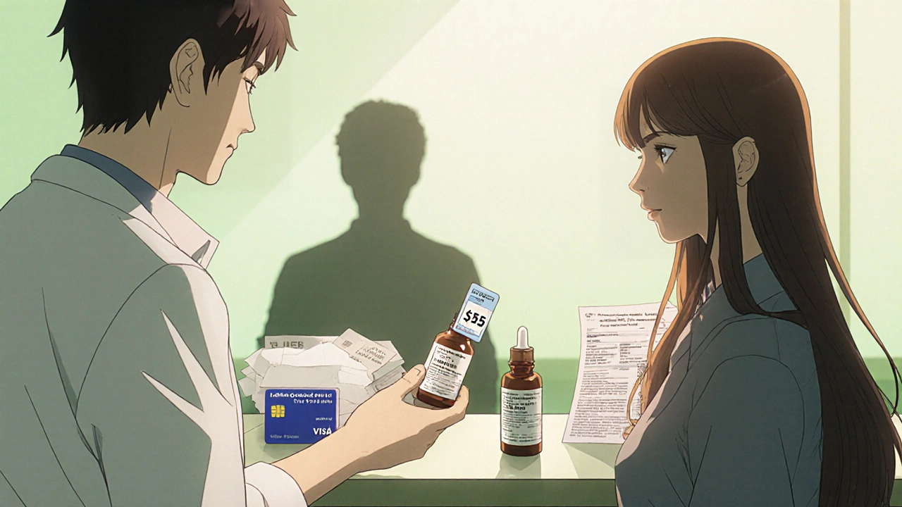 Pharmacist giving a generic eye drop bottle to a woman, highlighting cost.