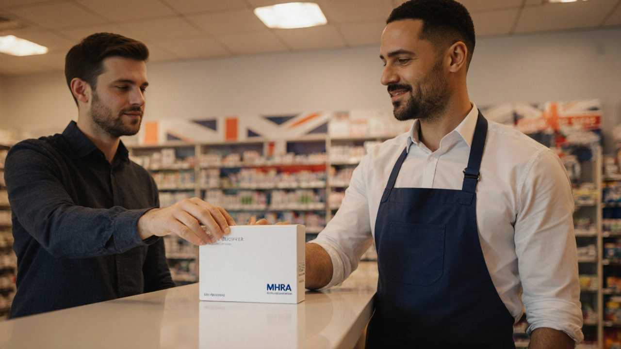 Pharmacist handing a sealed medication box to a customer at a UK pharmacy counter.