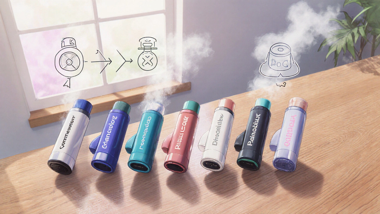 Six inhalers arranged on a table with subtle airflow diagrams in the background.