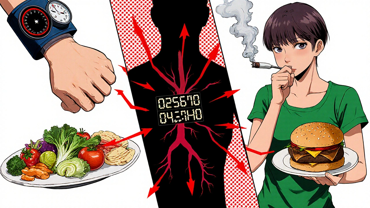 Split‑screen showing blood pressure cuff, smoker, and unhealthy vs. healthy foods around a torso.