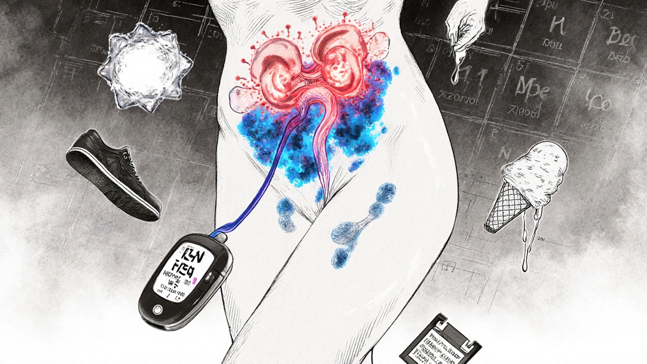 Stylized human torso showing NSAID action and fluid retention with medical icons floating nearby