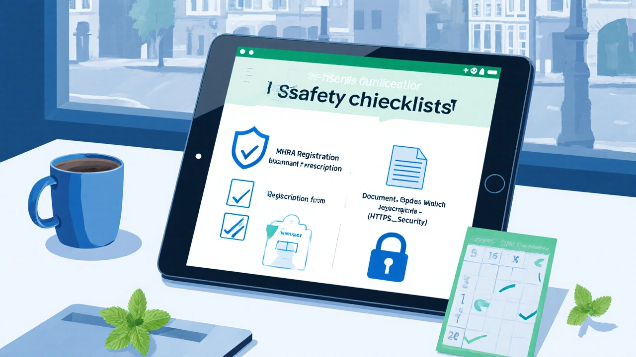 Tablet screen showing a safety checklist with icons for registration, prescription, and secure connection.