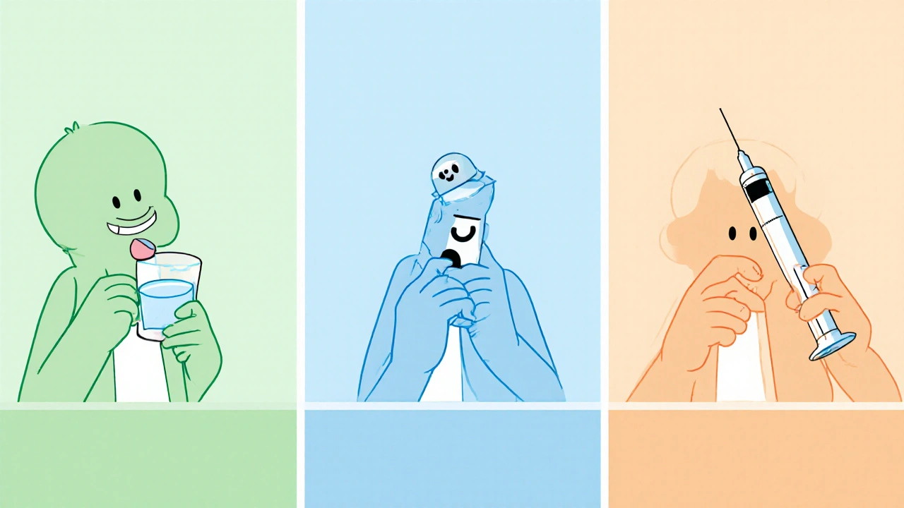 Three cartoon characters using a pill, a weekly pen, and a daily syringe.