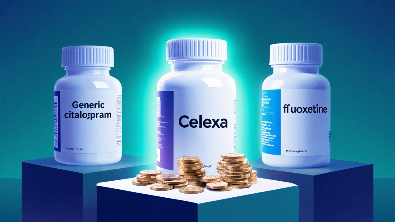 Three medicine bottles (generic citalopram, Celexa, Fluoxetine) displayed with varying stacks of coins indicating price differences.