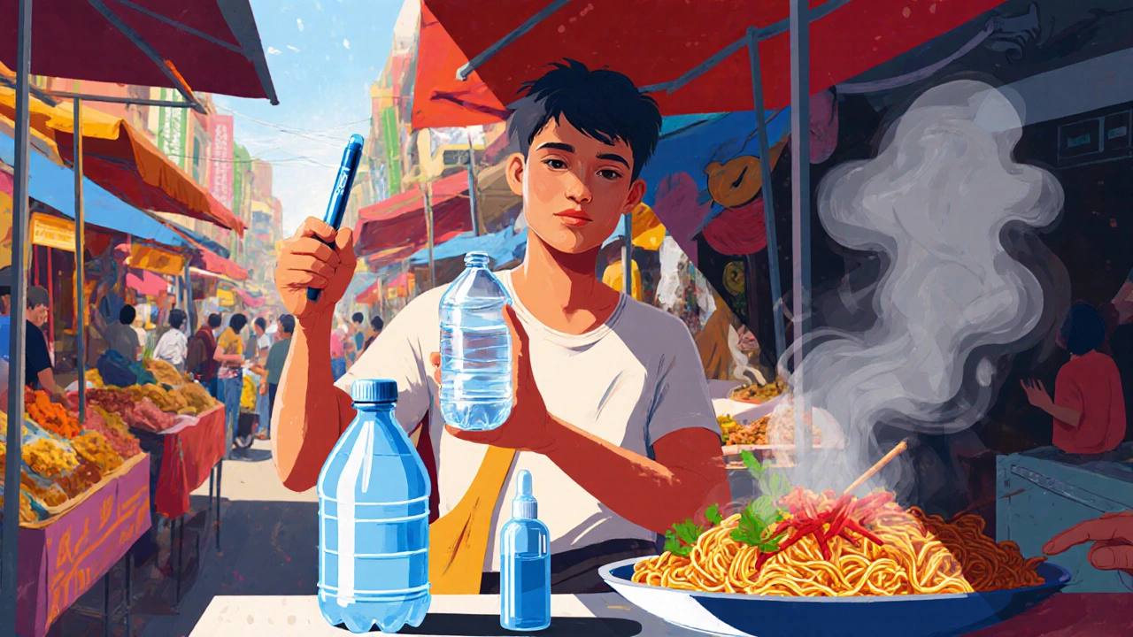 Traveler at a market stall holding bottled water, UV purifier, and hand sanitizer, hot food steaming nearby.