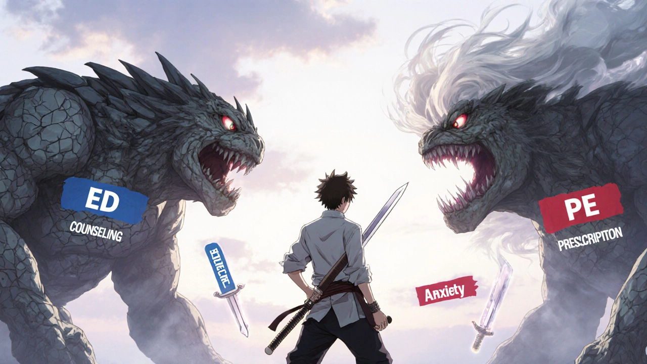 Warrior battling ED and PE monsters, with therapeutic solutions glowing behind him.