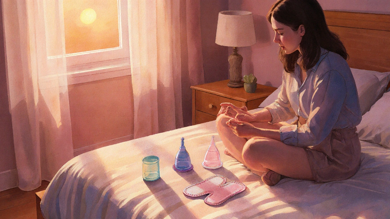 Woman at bedside comparing tampon, menstrual cup, and cloth pad in sunrise light.
