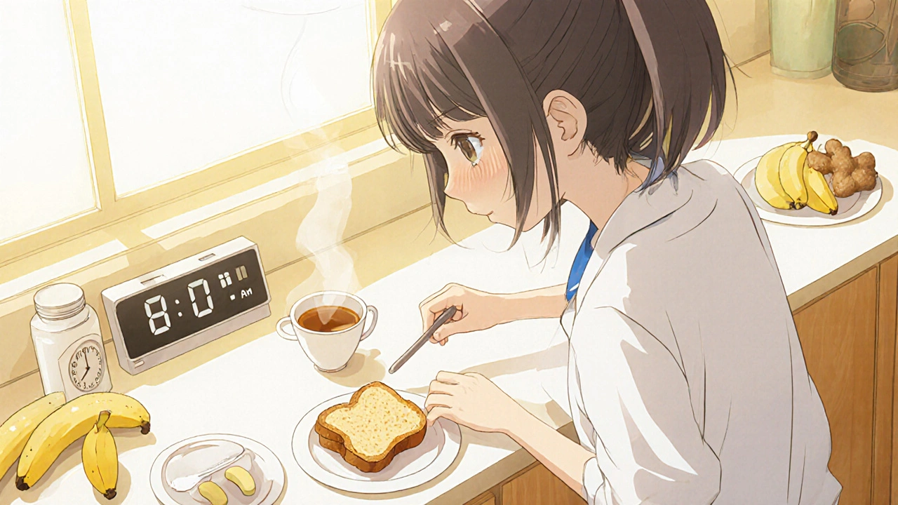 Woman preparing bland food, ginger tea, and split doses in a bright kitchen.