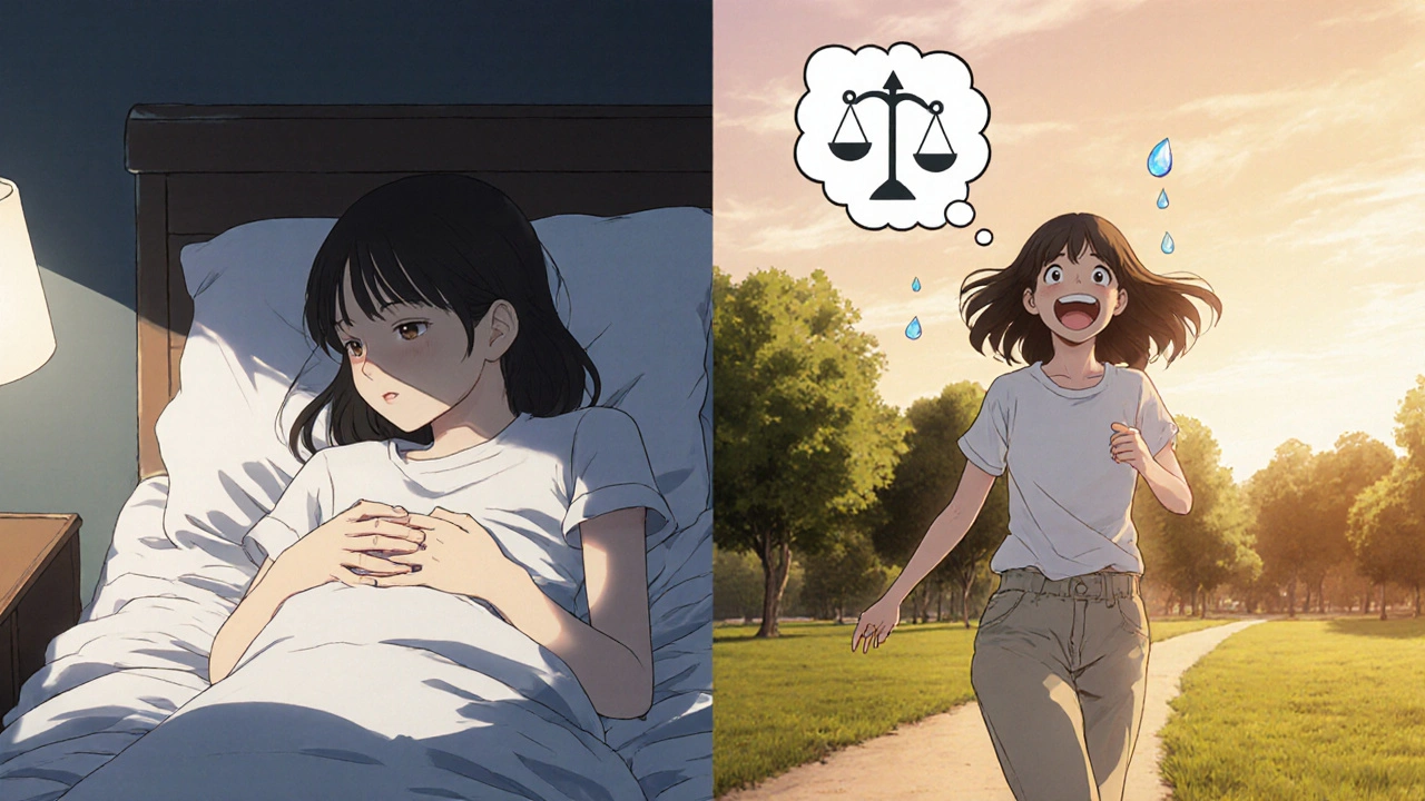 Woman transitioning from painful curl to active walk, symbolizing relief from menstrual cramps