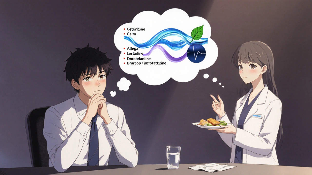 Young professional contemplating medication choices with visual thought bubbles.