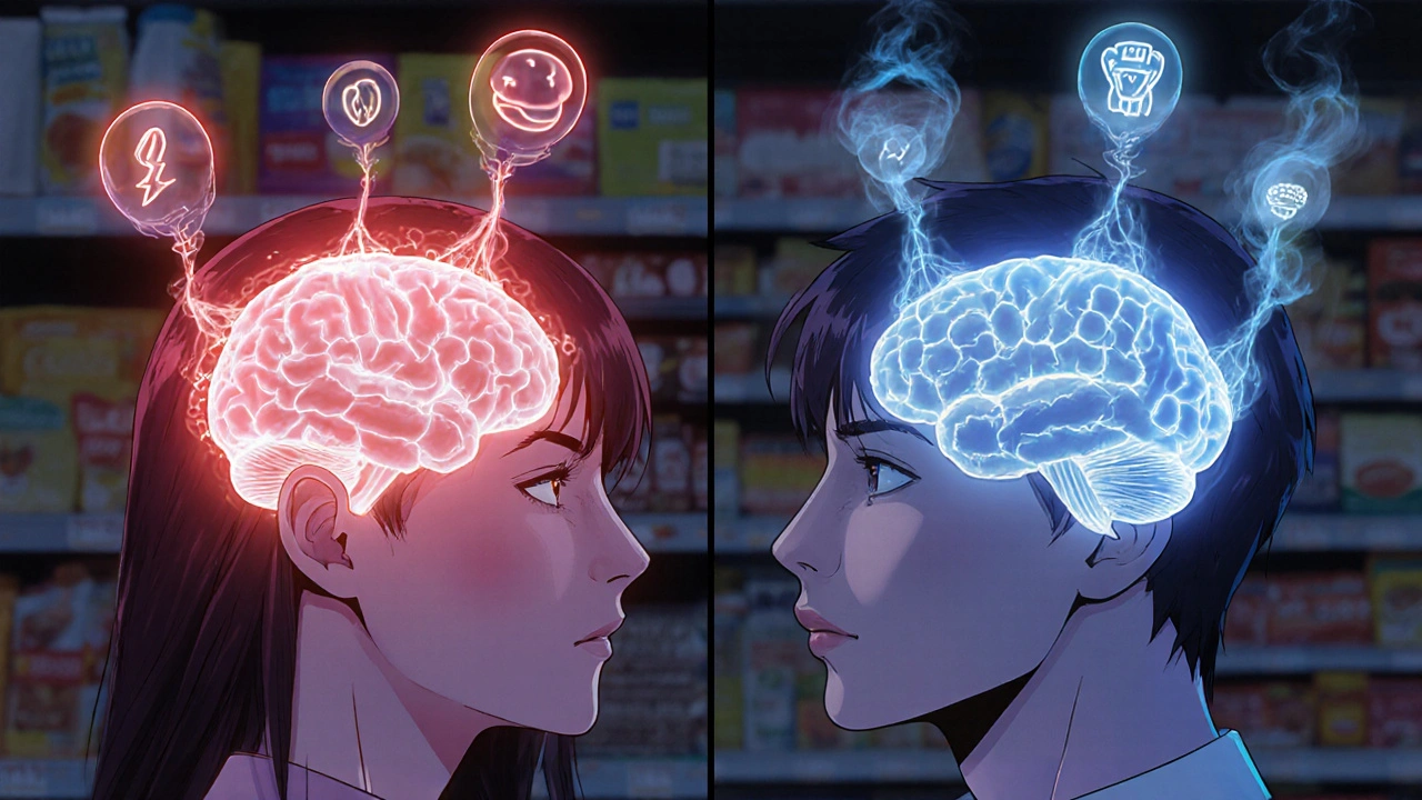 A detailed brain scan showing disrupted hunger signals from artificial sweeteners versus calm neural activity with water.