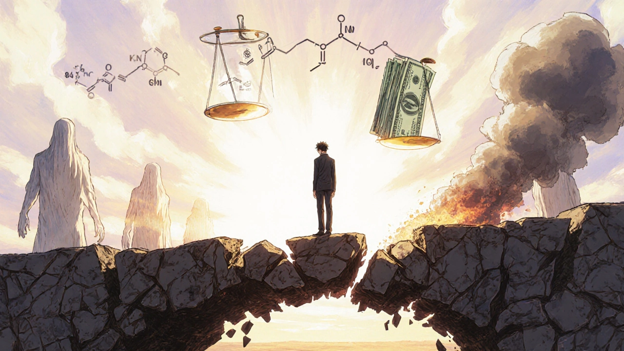 A generic drug executive stands on a bridge of expired patents, watching a new compound emerge in dawn light.