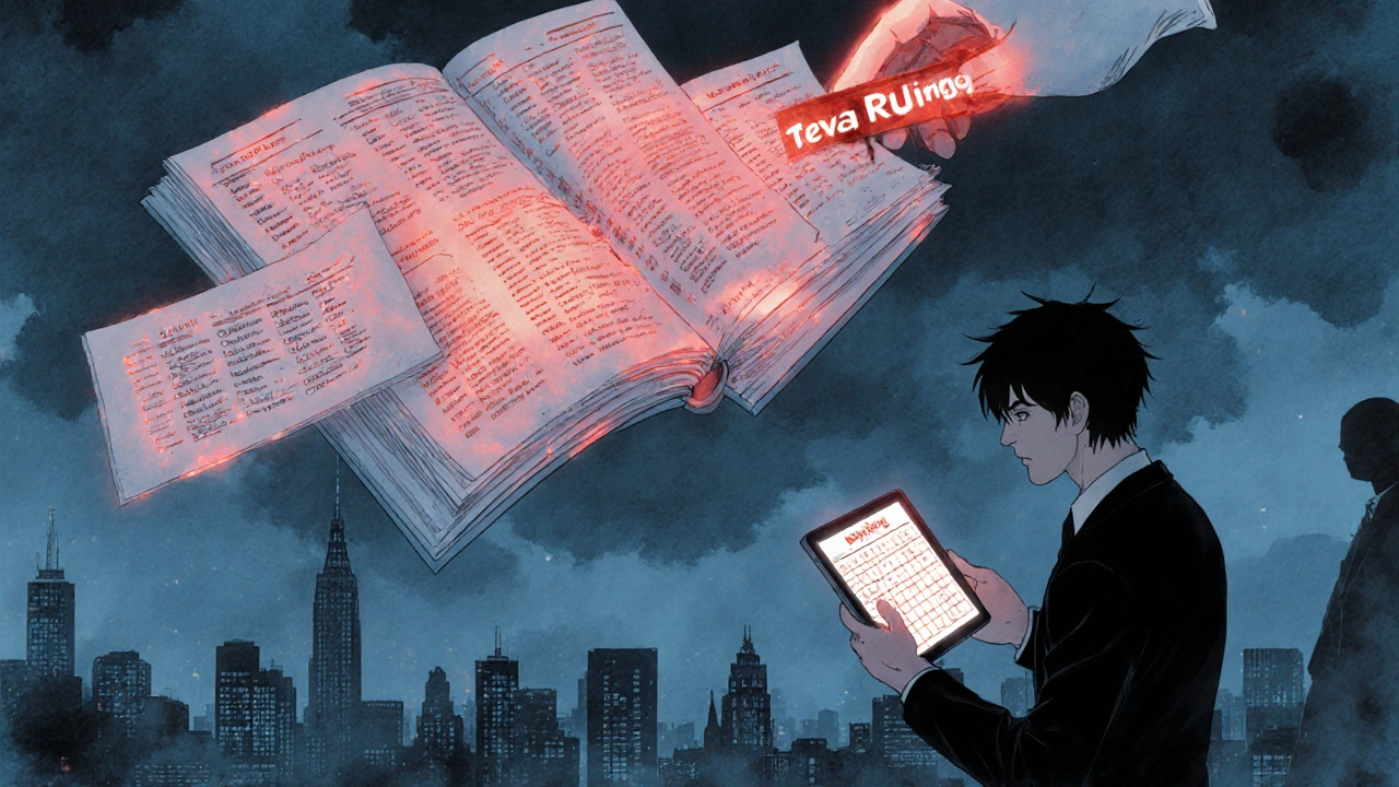 A glowing Orange Book above a city, with patents being erased as a scientist watches with a dosing chart.