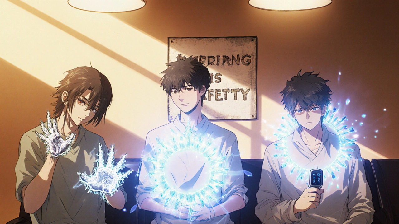 A group of patients in a clinic, each showing subtle signs of long-term propranolol side effects like cold hands and fatigue.