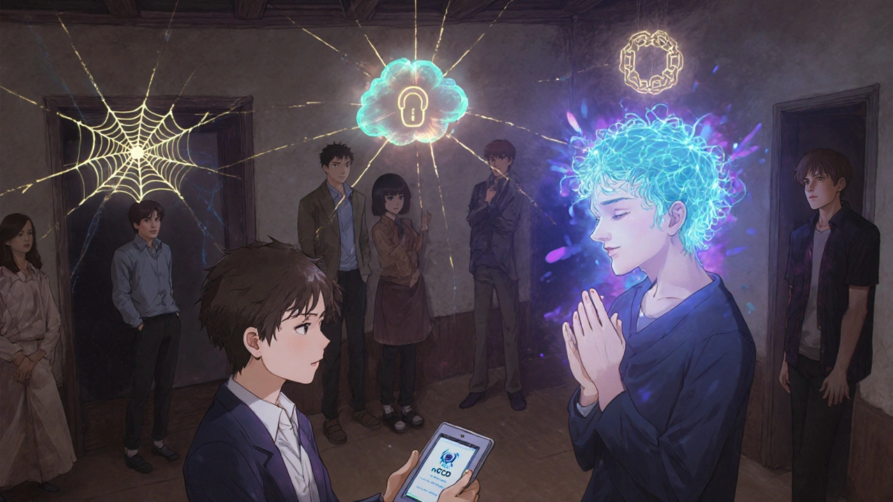 A group of people connected by glowing threads, each surrounded by their anxiety symbol, in a community center.