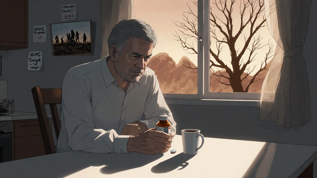 A man sits at his kitchen table with beta-blocker pills and a photo of his past self, symbolizing liver disease and quiet struggle.