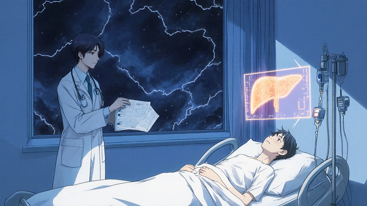 A patient in a hospital receiving IV thiamine while doctors monitor liver enzymes on a holographic screen.