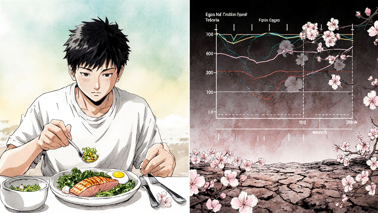 A person eating a nutritious meal as their liver regenerates like blooming flowers over scar tissue.