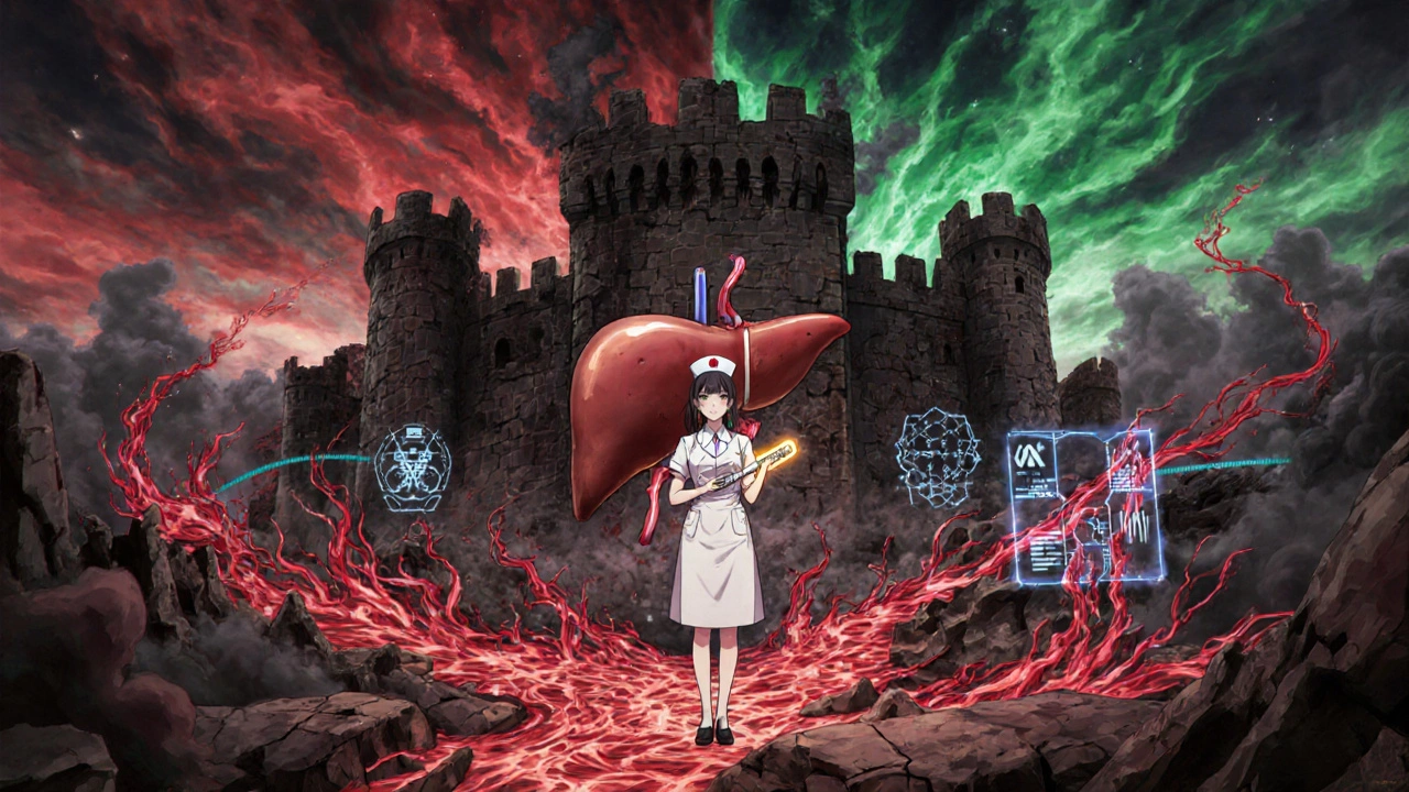 A surreal liver fortress is under siege by red rivers, with a nurse holding a TIPS stent as AI holograms predict bleeding risks.