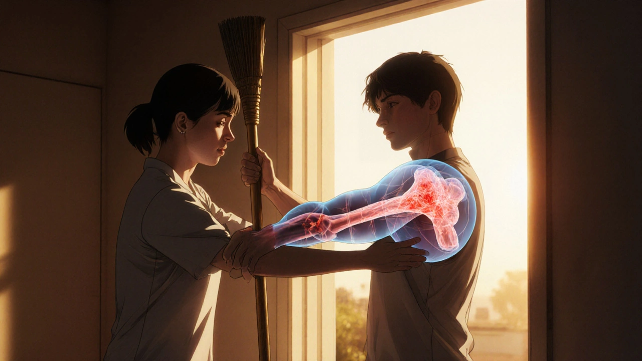 A therapist gently stretching a patient&#039;s stiff shoulder using a broomstick in a doorway.