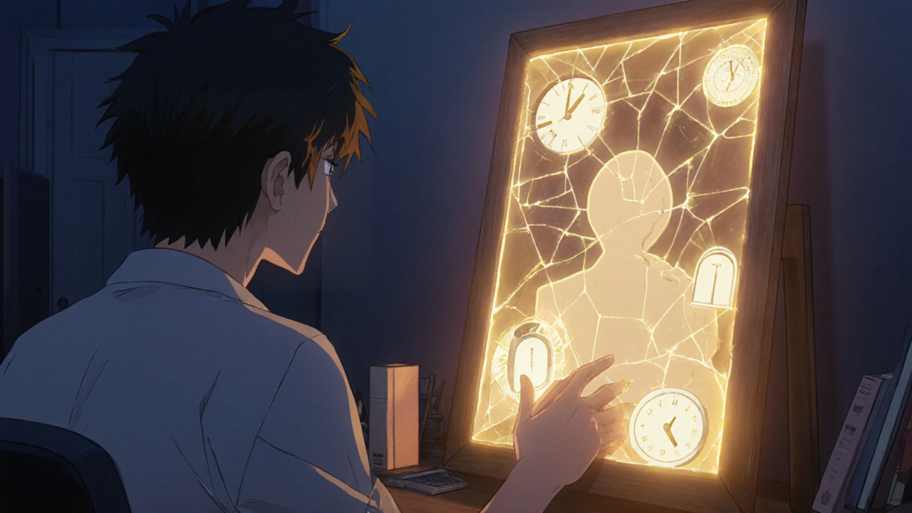 A therapy session where a patient reaches toward a mirror reflecting their fears, with light breaking through.