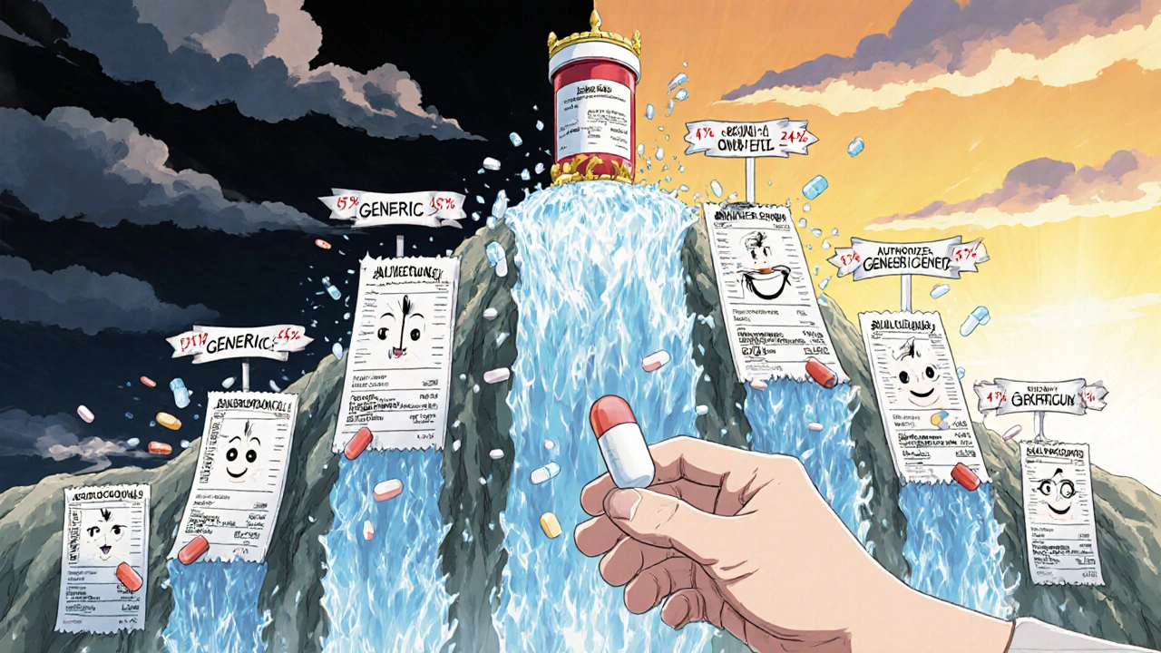 A waterfall of pills cascades down price-reduction percentages, with authorized generics breaking through barriers of monopolistic pricing.