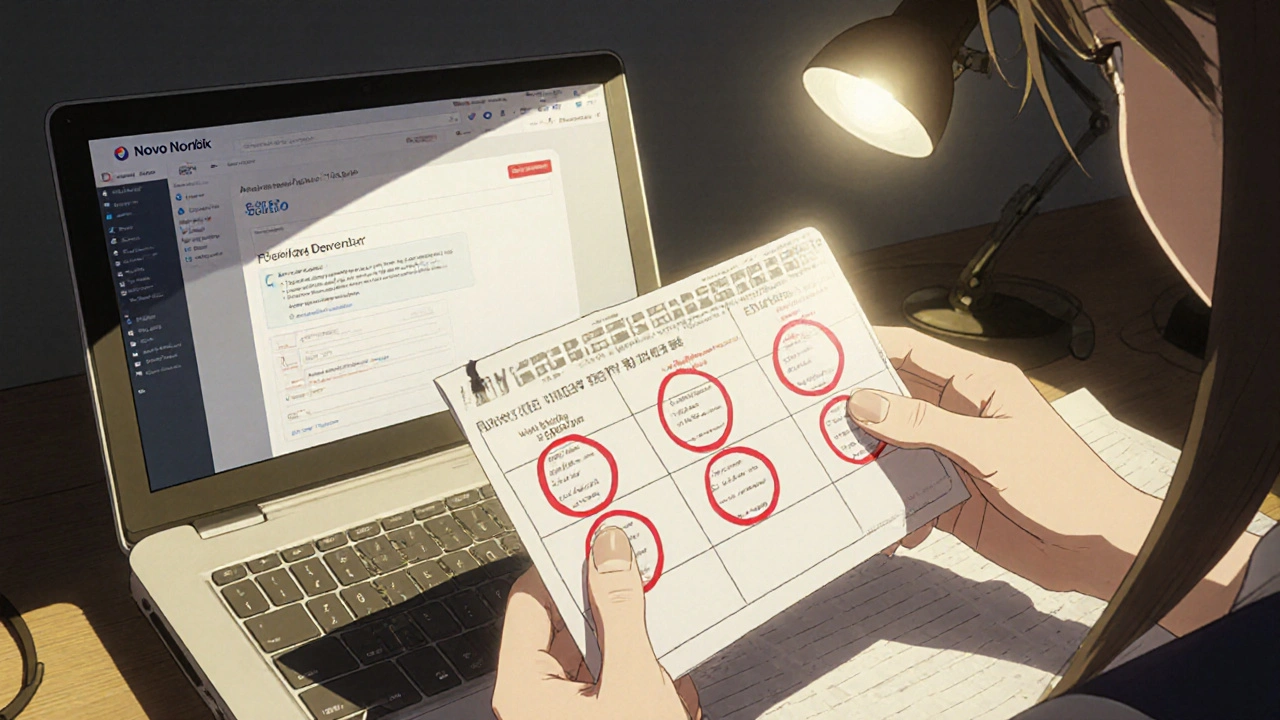 A woman’s hands beside a calendar marked with expiration dates and a laptop showing a renewal notice.